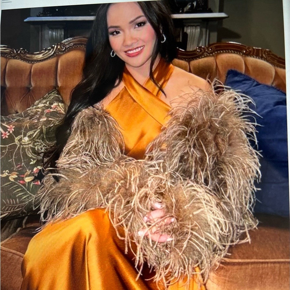 Lamarque Gold Feather-Embellished Coat